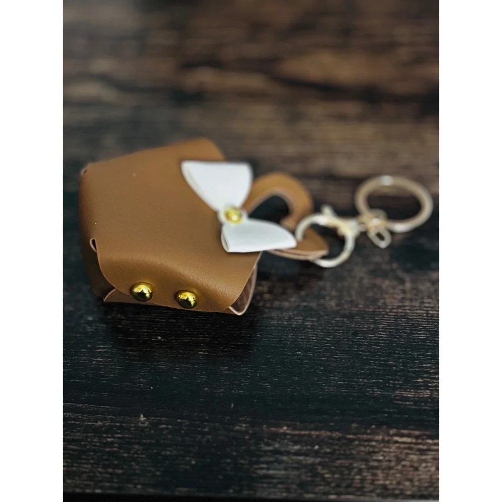 Brown Faux Leather Mini Tote Bag Keychain Charm with White Bow and Gold Studs